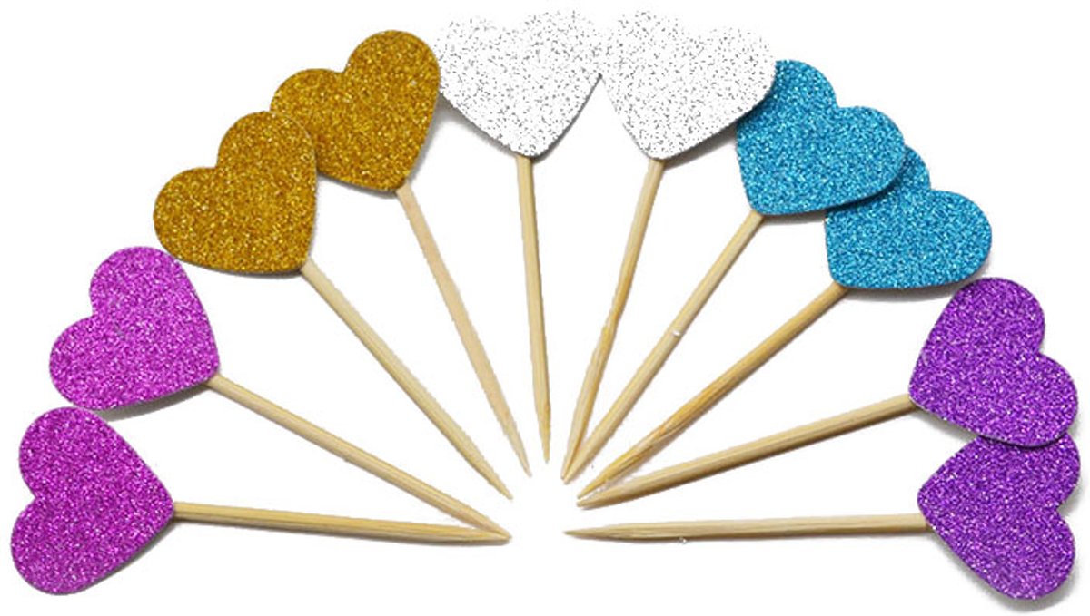 40 Stuks Cocktailprikkers Glitter Hartjes | Multicolor | Verjaardag | Feest Accessoires